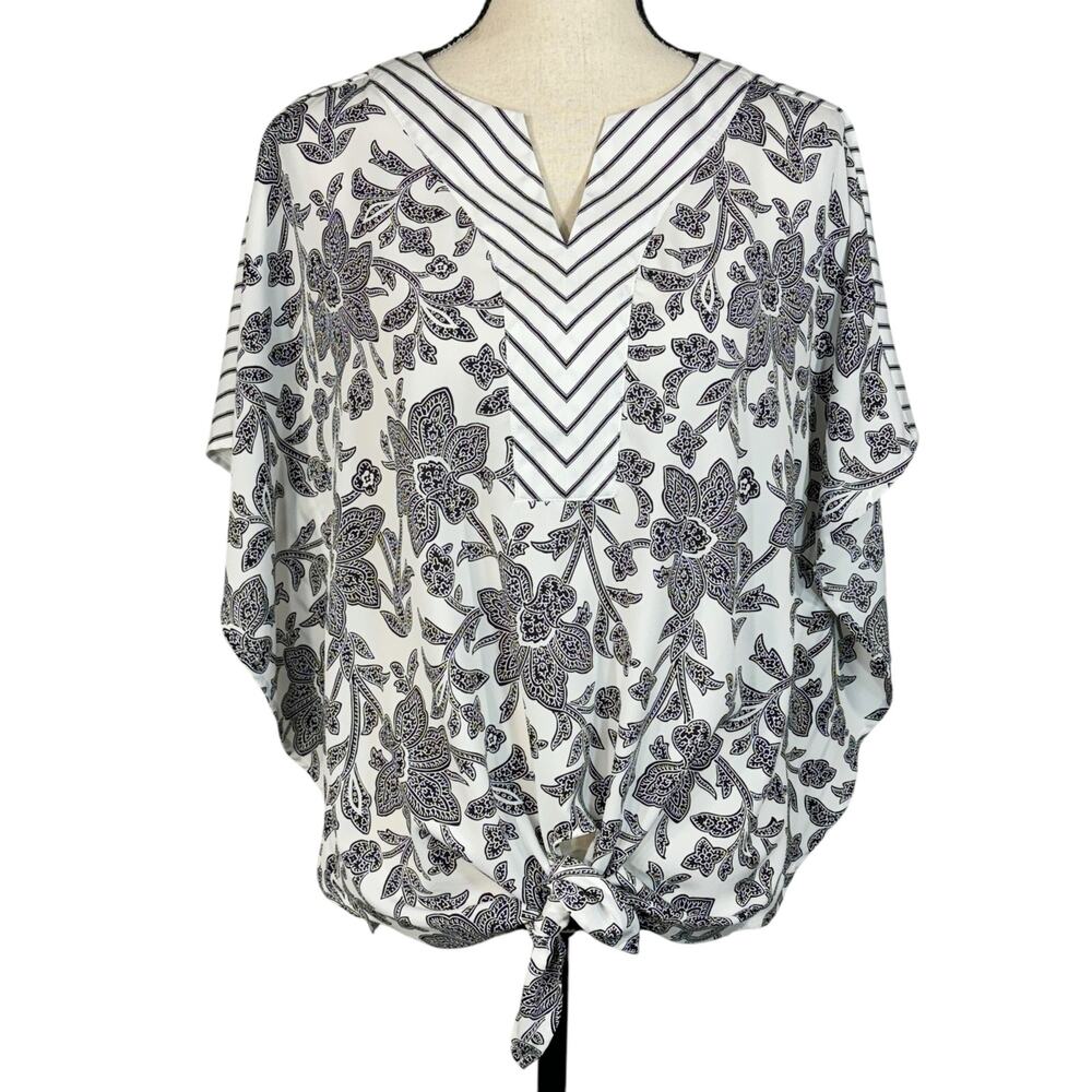 Chico’s SZ 0 (Small/4-6) Top Floral Striped Semi-Sheer Tie Front V-Neck Hi-Low
